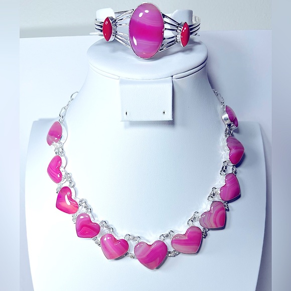 Beautiful Botswana Agate 💕 Heart Necklace & Bracelet 925 Gemstone Gift Set - Picture 1 of 6
